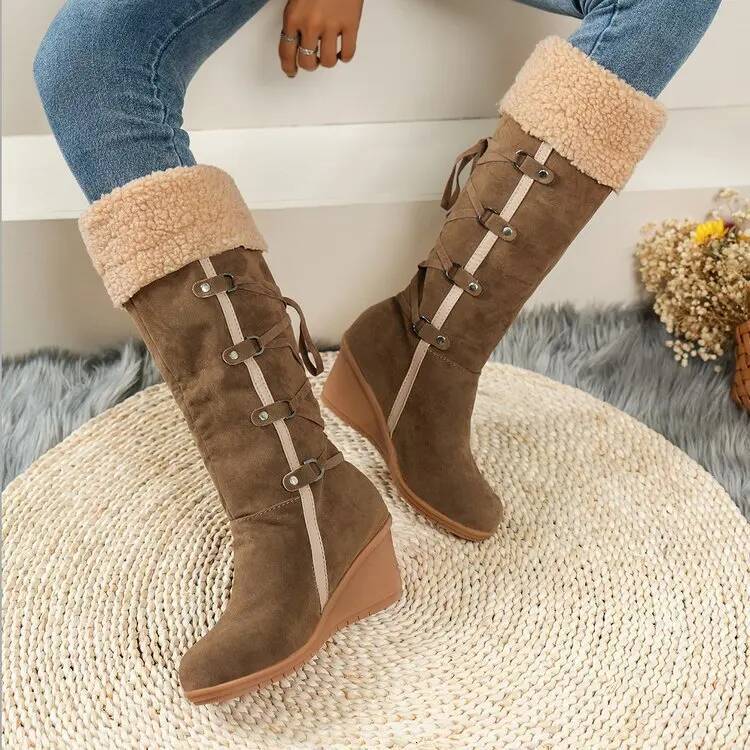 Ddmyoutdoor Female New Knee High Women S Warm Modern Boots Solid Slip On Fringe Lace Up Round Toe Wedges Shoes Outdoor Shoes