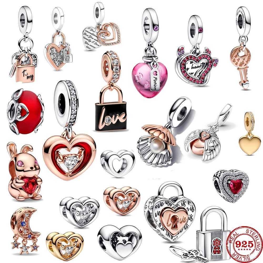2024 New 925 Sterling Silver Frosted Red Murano Glass Hearts Lock Charm Bead Fit Original Bracelet Trinket DIY JewelryXJ250607