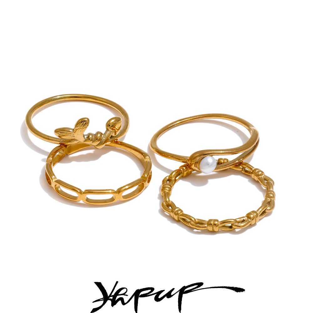 Yhpup Stainless Steel Natural Pearl Chain Geometric Stackable Thin Ring 18K Gold Color Minimalist Finger Jewelry Wholesale Gift W250606