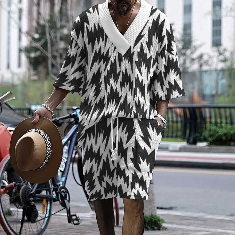 2024 New High Quality Knit Mens Set Summer V-neck Half-sleeve T-shirt And Shorts Two-piece Casual Striped 3D Mens Clothing W250609