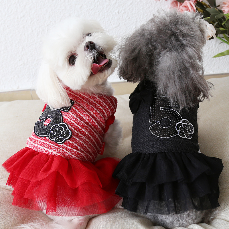 Fashion Dog Dresses for Small Dogs Girl with Sparkling Camellia and Number 5, Double Bow Decor, Luxury Dog Wedding Dress with Multi-Layer Princess Tutu Skirt XS D83