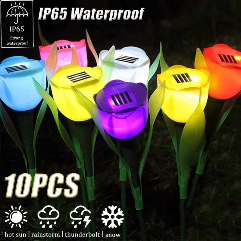 Solar LED Light Outdoor Tulip Rose Flower Lamp Landscape Garden Decor Lawn Lamp Waterproof Garden Lights Outdoor Solar Lights XJ250606