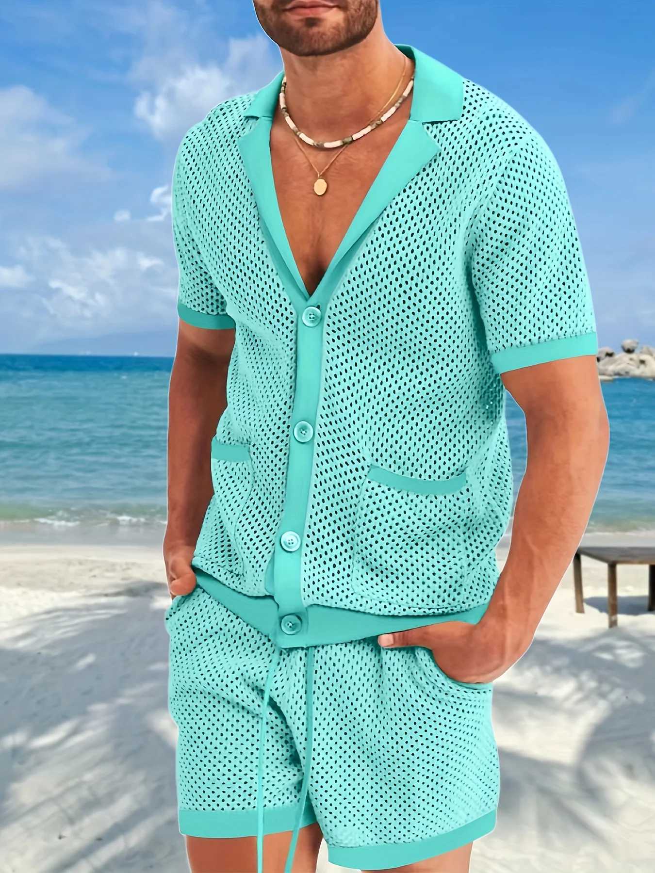 2-Piece Summer Outfit for Men - Breathable Mesh Shirt with Lapel Collar and Button Details Matching Semi-Transparent Shorts with W250609