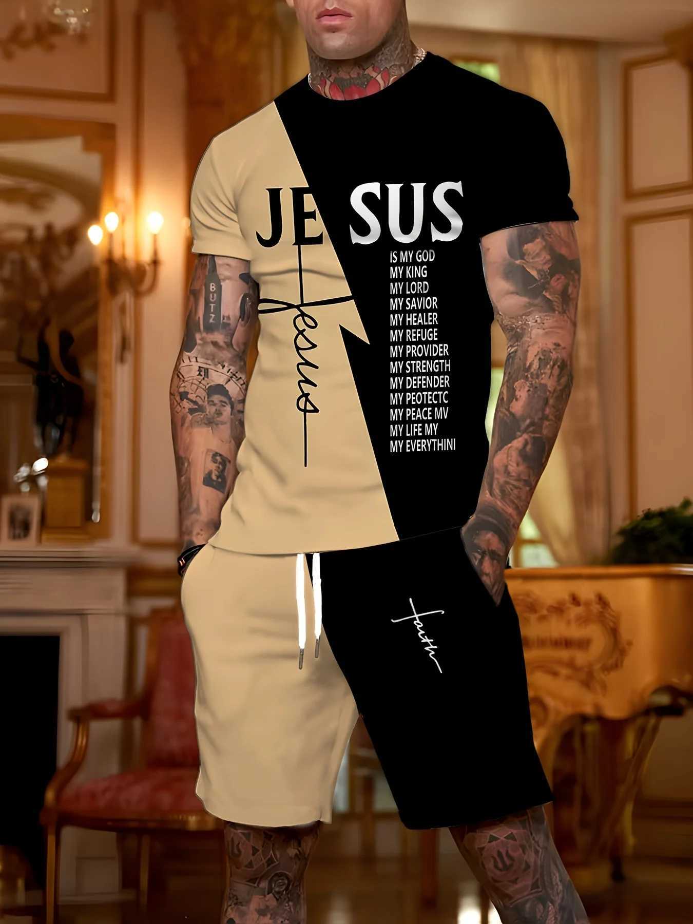 New Mens Summer Refreshing Breathable T-shirt Shorts Two-Piece Set Unique Black and Brown Splicing Letter W250609