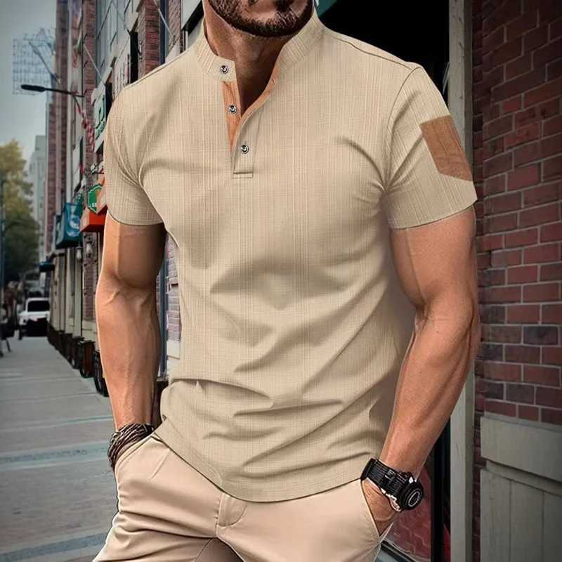 Mens Summer Fashion Short Sleeve T-shirt Mens Business Casual Henley Shirt Breathable Solid Color Stand-up Collar Top W250607