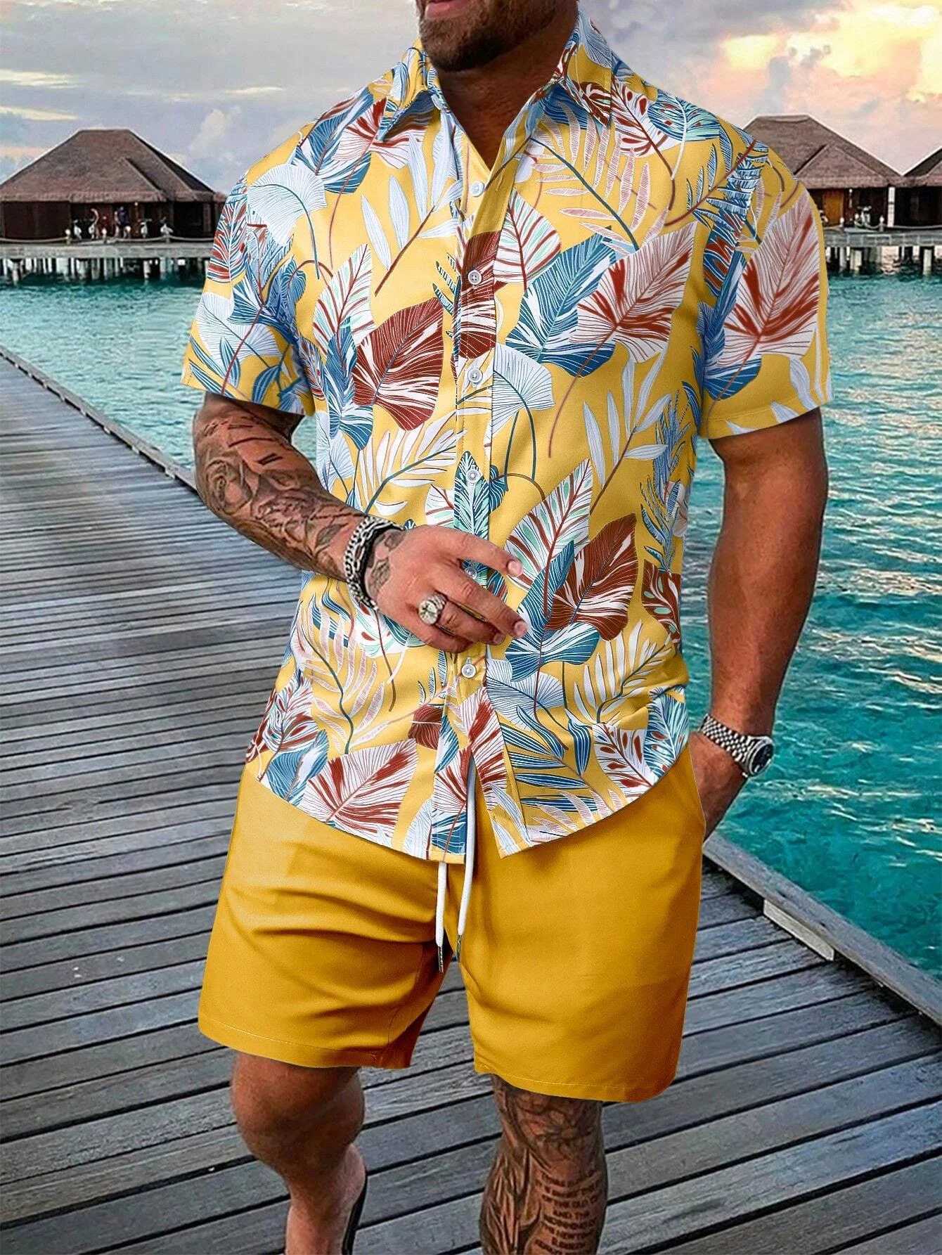 Funny 3D Leaves Print Mens Shirt Sets Fashion Hawaiian Short Sleeve Tops Shorts 2 Piece Outfit Summer Beach Vacation Man Suit W250609