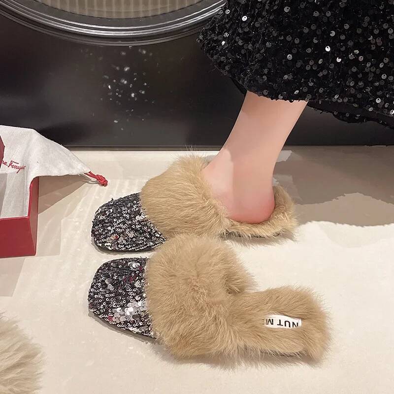 Ddmyoutdoor Plush For Women Fashion Shiny Flat Fuzzy Baotou Slippers Anti Skid Ladies Slip On Mules Indoor Outdoor Casual Shoes Beach outdoor shoes