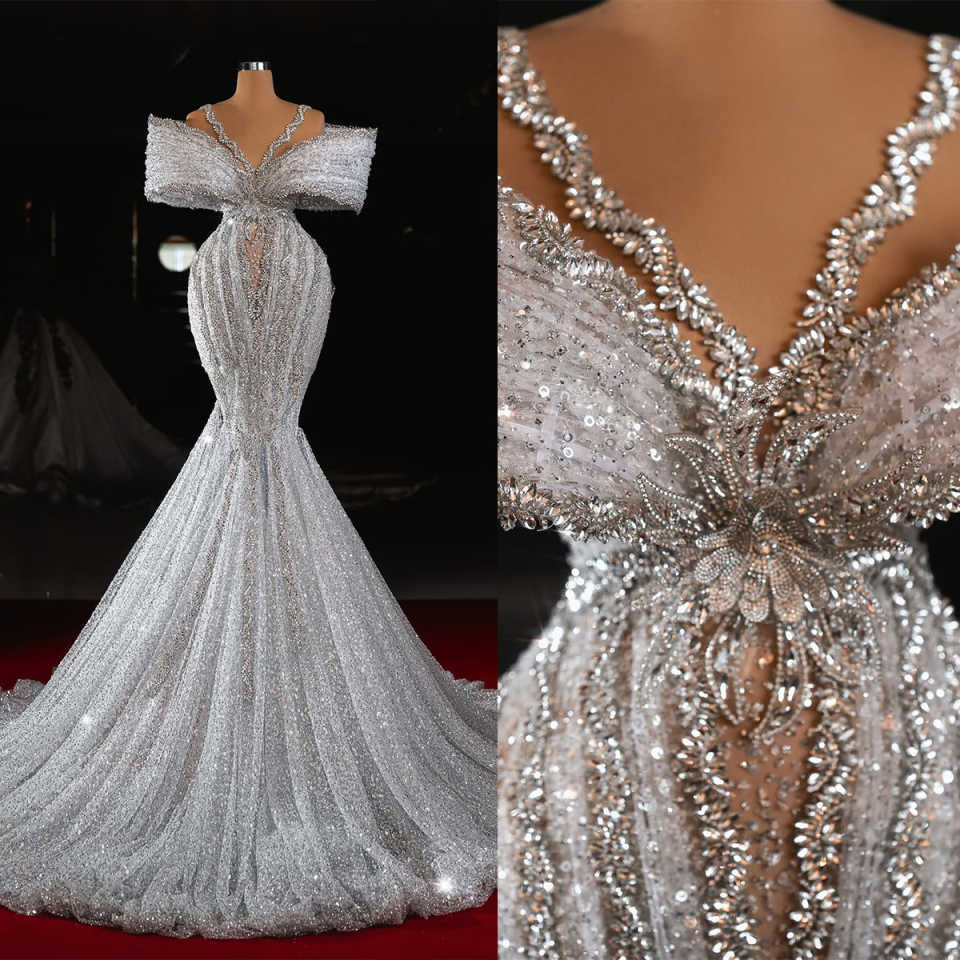 Sparkly Mermaid Wedding Dresses Luxury Crtstal Beads Bridal Gowns Sexy Illusion Sweep Train Bridal Gowns Customized
