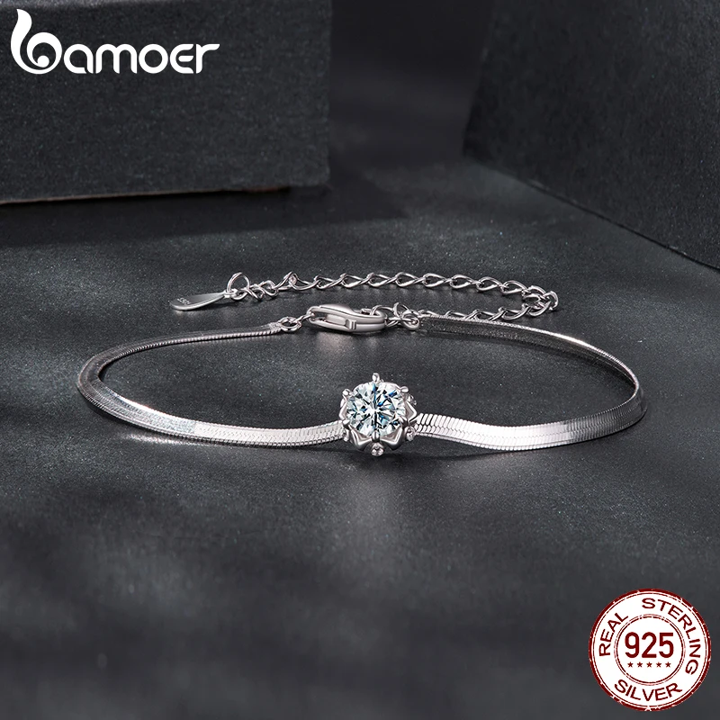 BAMOER Diamon925 Sterling Silver 0.5CT Flower Buds Moissanite Bracelet Prong Setting Adjustable Snake Chain for Women Anniversary Gift MSB027