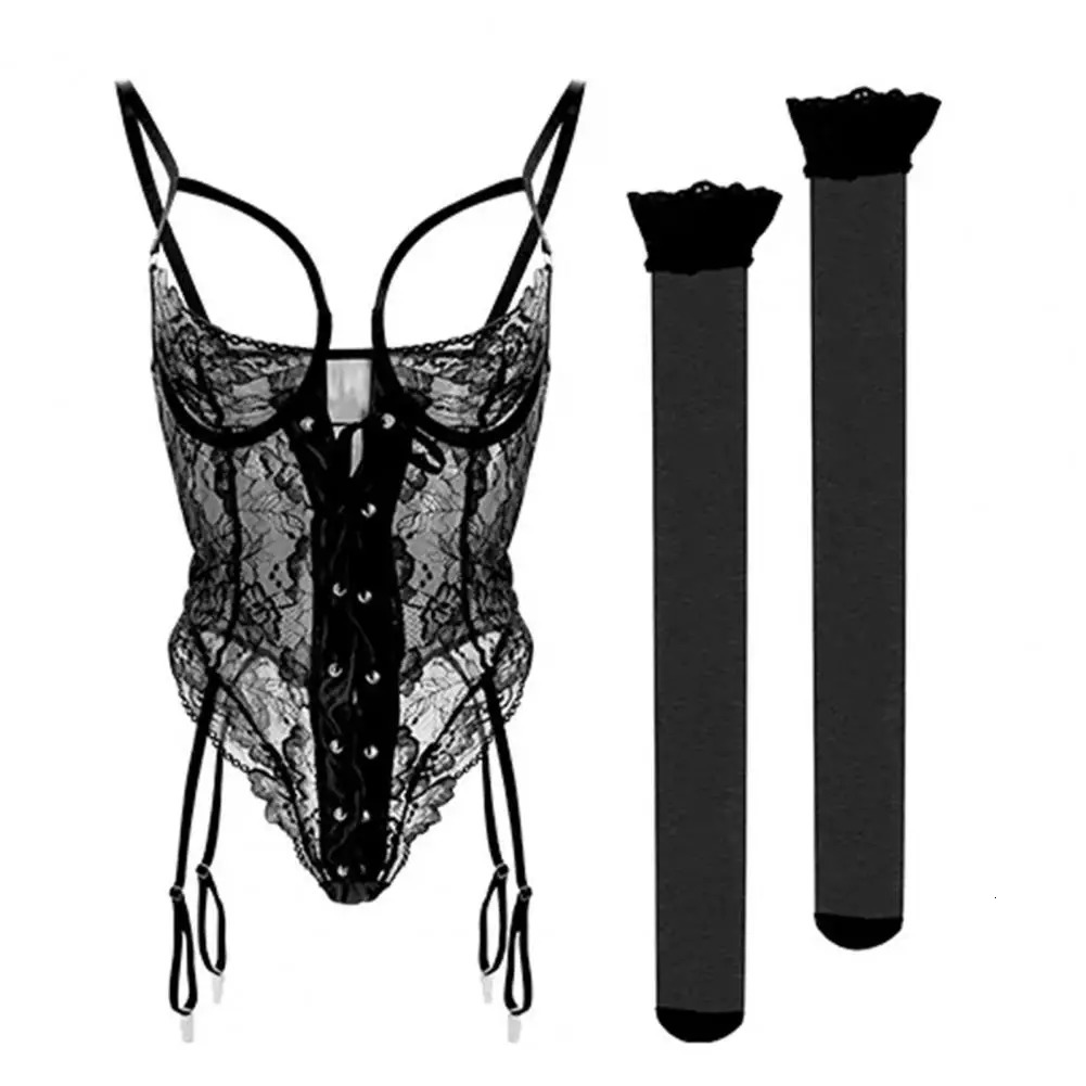 2PcsSet Sexy Underwear Set Deep V-Neck Bandage Jumpsuit Stockings Set Lace Splicing Hollow See-Through Sleepwear 250603