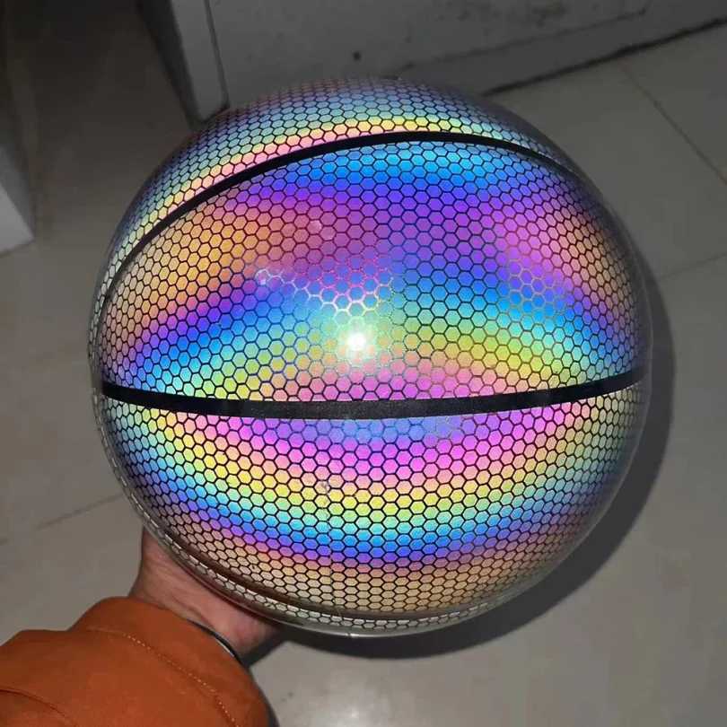 Luminous Basketball Ball Holographic Reflective Lighted Flash Ball PU Wear-Resistant Glowing Basketball Night Sports Game XJ250606