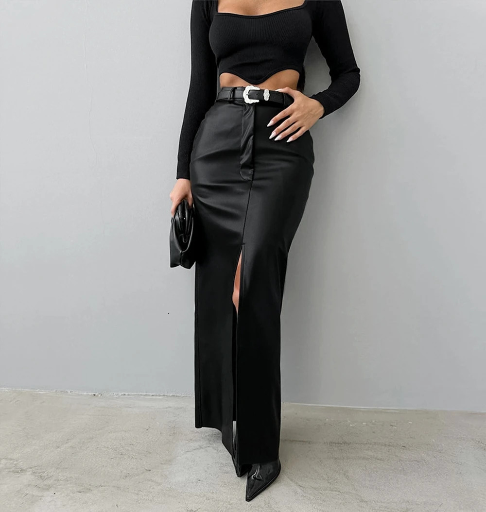 European And American Style Fashionable PU Leather Solid Color Splicing Sense High Waist Slit Slim Fit Long Skirt 250605