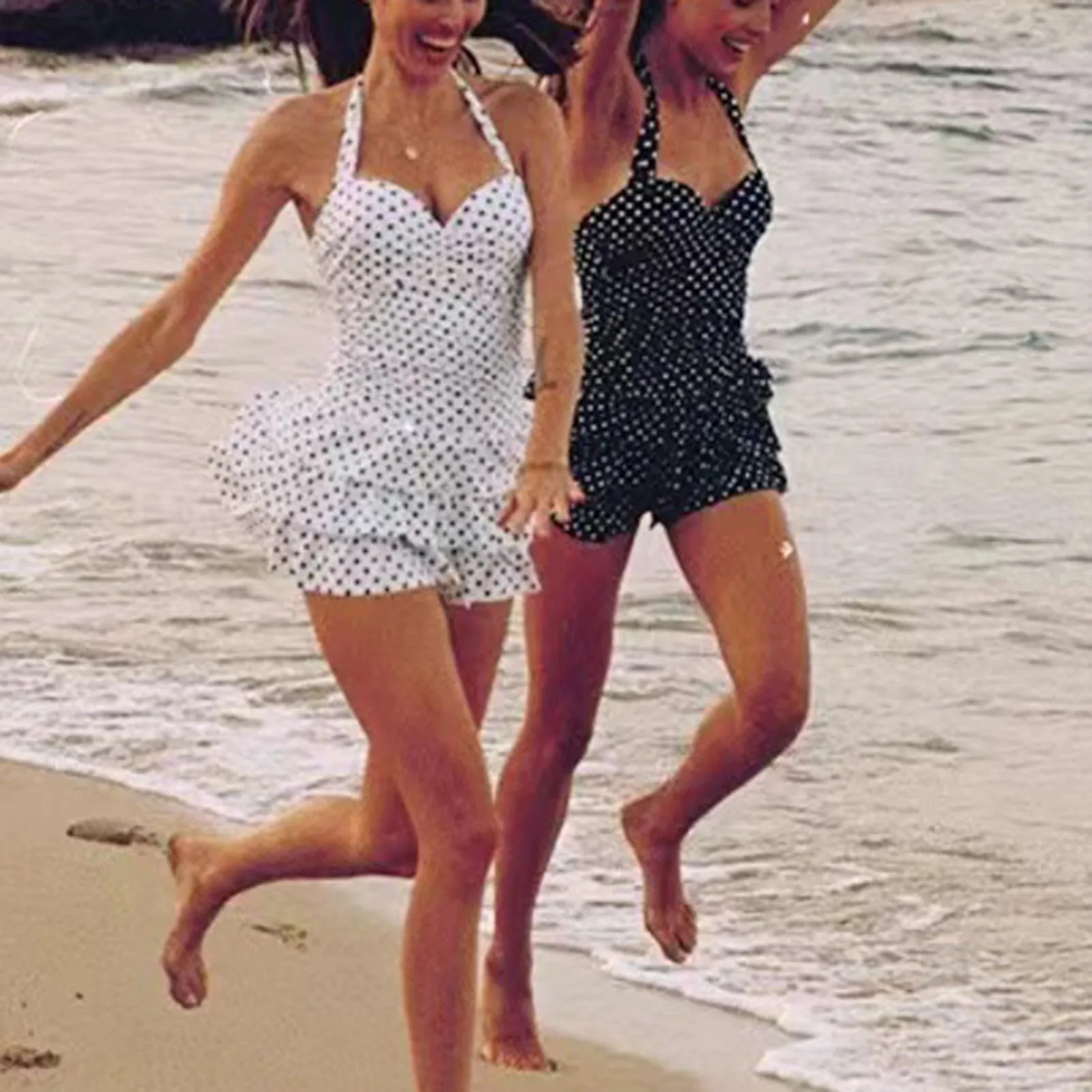 Swimwear Women Beach Dress With Shorts Polka Dot Print Black White Swimsuits Halter Ruffles Hem Layer Sexy Beachwear 250530