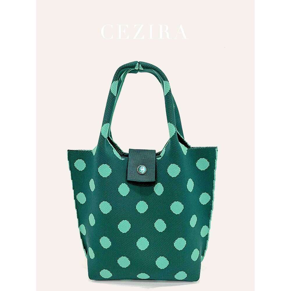 CEZIRA Polyester Knitting Handbags Contrast Color Dots Pattern Purse Women Top-Handle Bucket Bags Random Button Daily Travel
