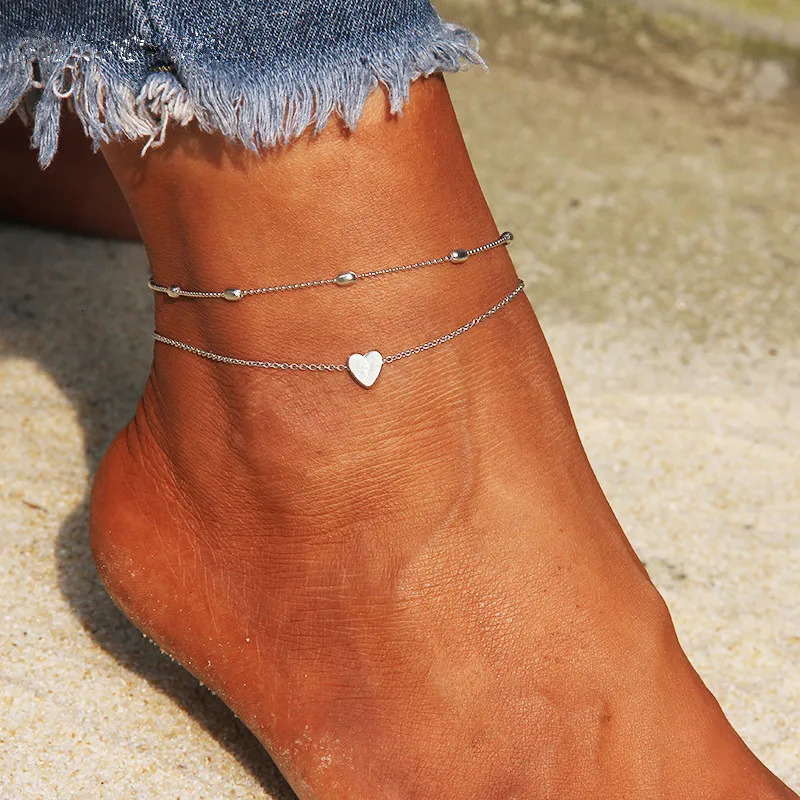 LETAPI Two Layers Chain Heart Style GoldSilver Color Anklets For Women Bracelets Summer Barefoot Sandals Jewelry On Foot Leg 250528
