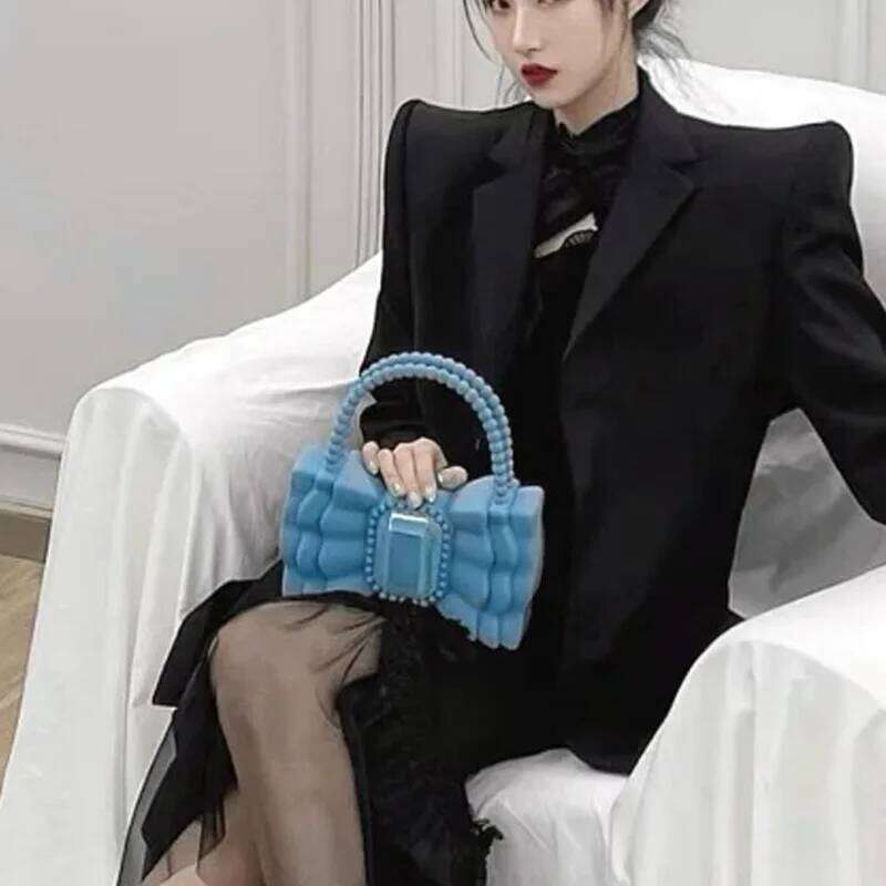 Brands Bow Jelly Women Handbag Cute Beading Handle Clutch Sweet PVC Hand and Purse Big Dias Evening Party Bags Lady INS