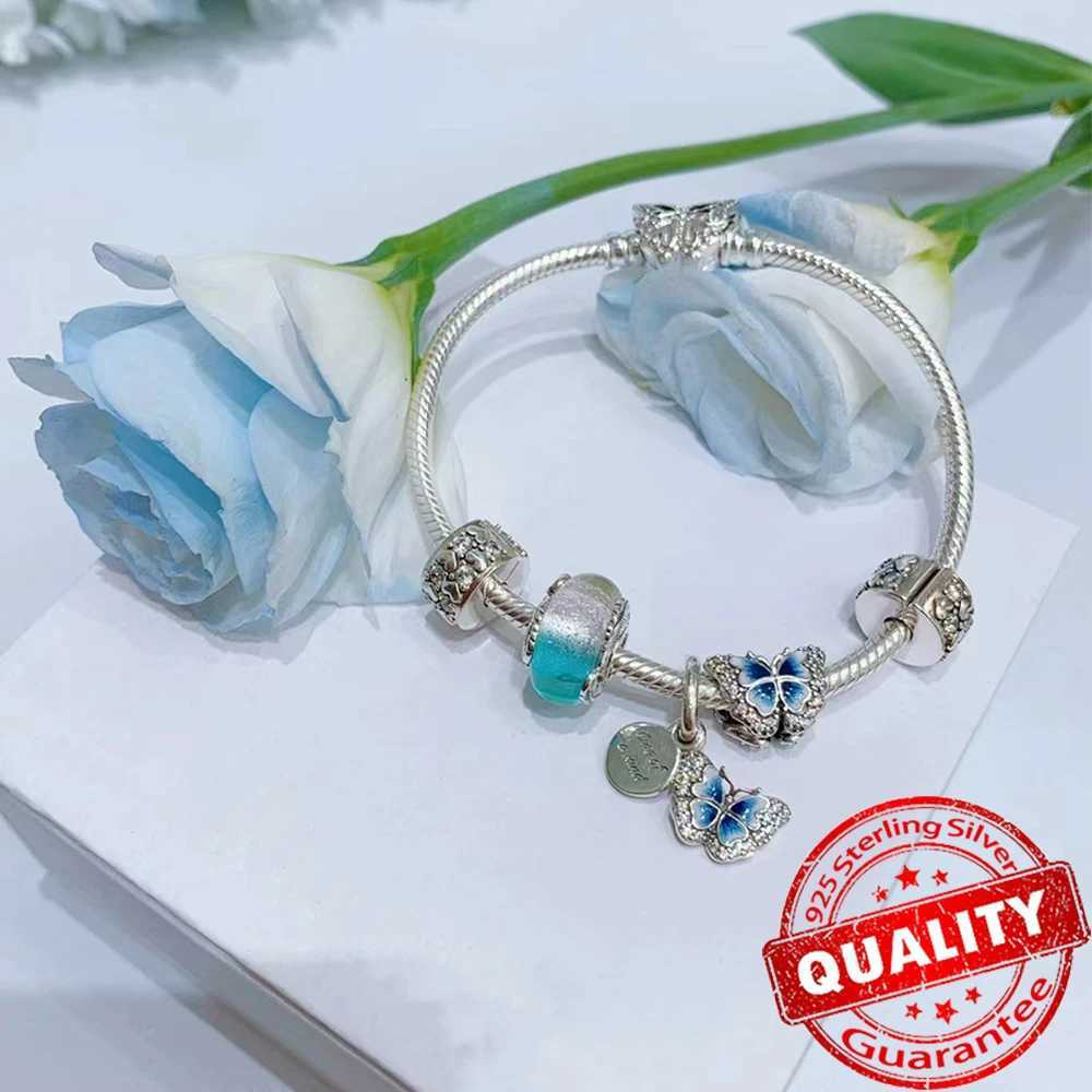 Tren Sterling Silver Pink Pansy Flower Charm Fit Original Bracelet 925 Silver Blue Butterfly Charm Fine Jewelry Gift XJ250607