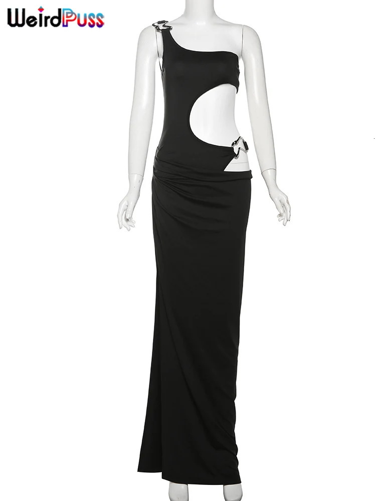 Weird Puss Metal Buckle Dress Women Irregular Hollow Split One Shoulder Skinny Ruched Waistless Midnight Clubwear Maxi Bodycon 250605