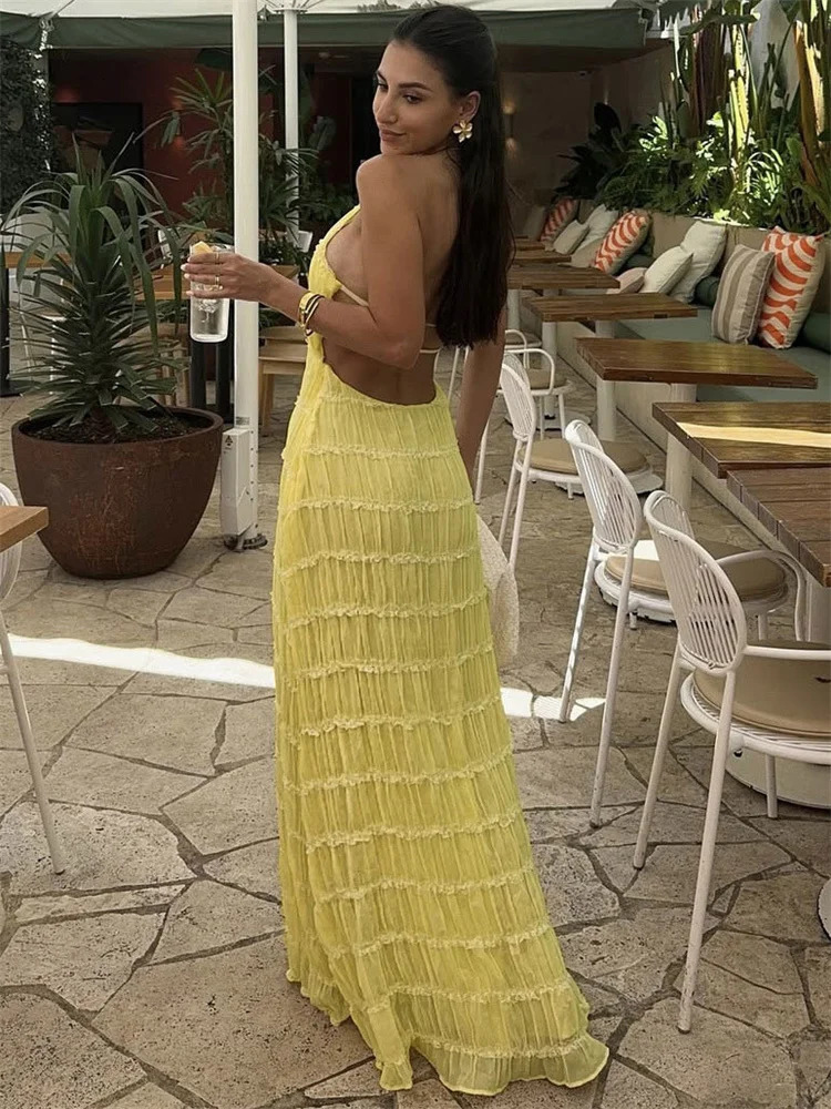 Tossy Spring Fashion Patchwork Long Dress For Women Lace-Up Backless High Waist Solid Holiday Beach Dress Ladies Maxi Dress 2025 250605