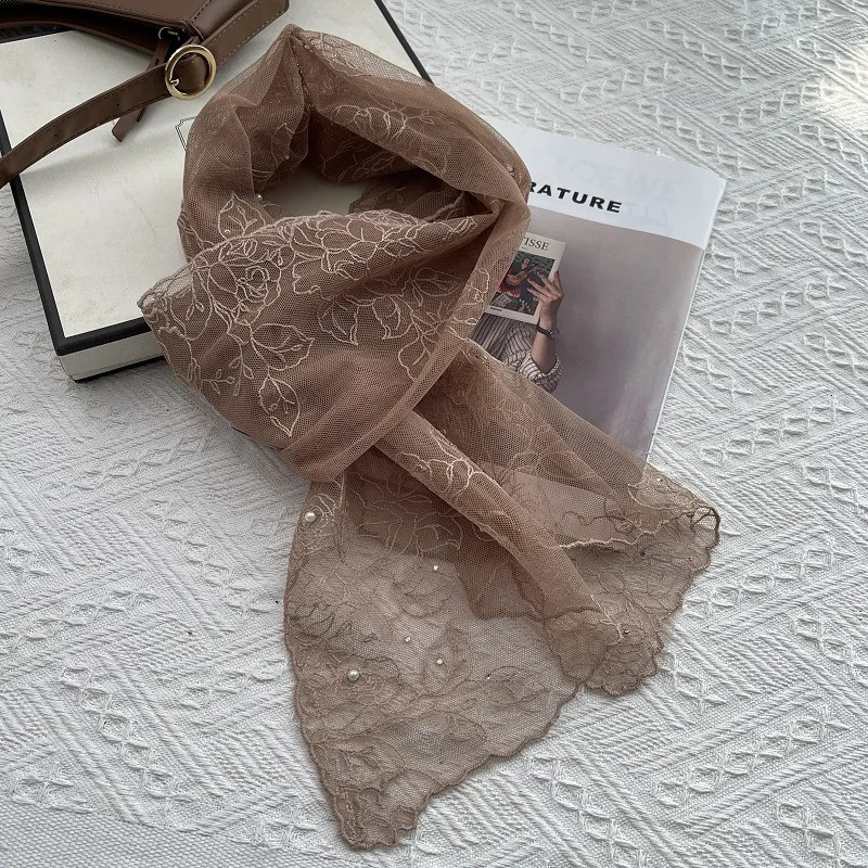 Lace Silk Scarf Womens Spring and Summer Ins Retro Korean Version Decoration Versatile Long Fashion Temperament Small 250604