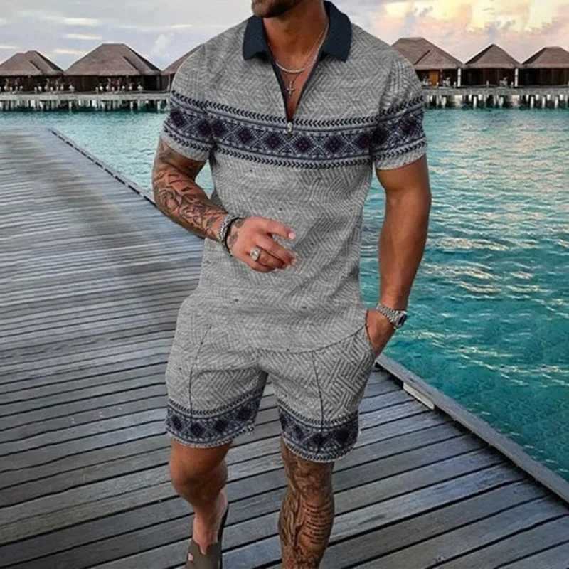 New Summer Mens Polo Shirt Set 3D Printed Short Sleeve+Shorts Two-piece Set Outdoor Leisure Fashion Zipper Polo Sportswear Tops W250609