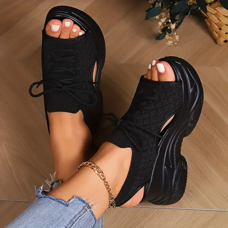Summer Fashion Comfortable Round-toe Wedge Light Roman Sandals Non-slip Thick-soled Lace-up Casual Sneakers for Women 250605
