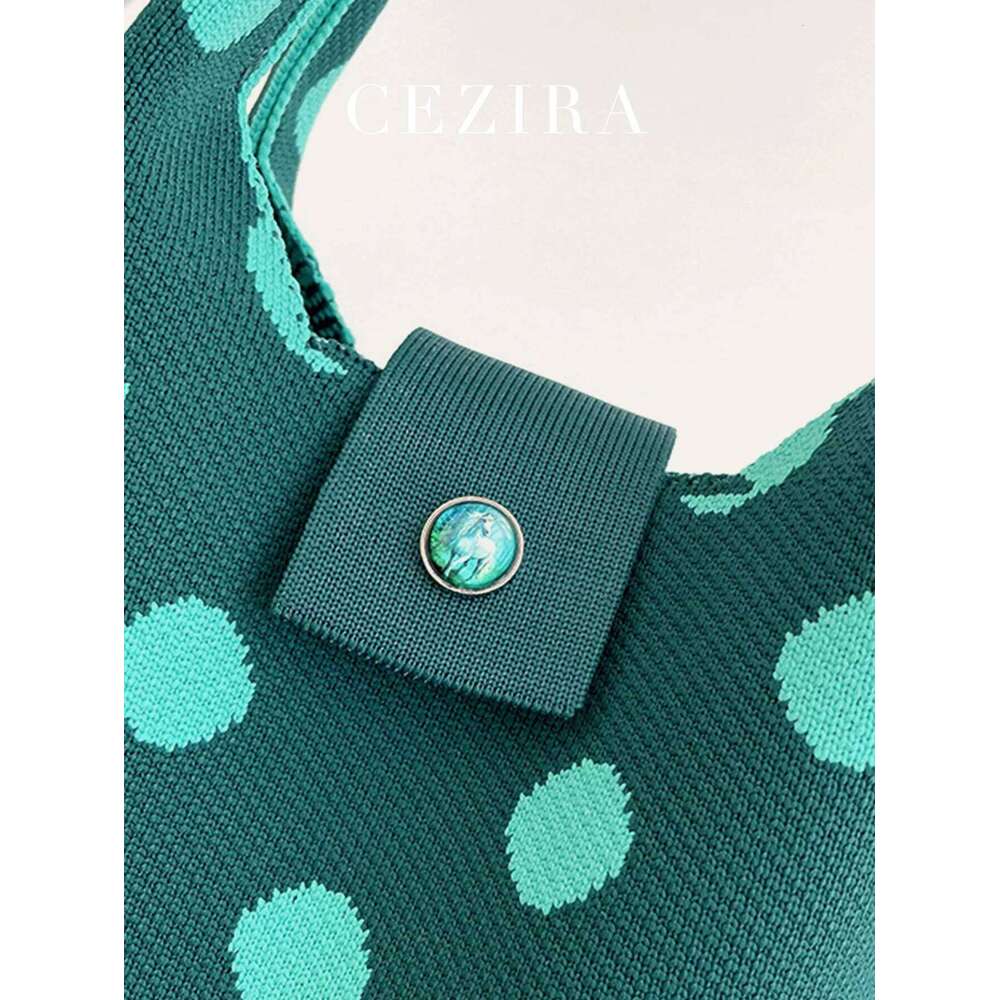 CEZIRA Polyester Knitting Handbags Contrast Color Dots Pattern Purse Women Top-Handle Bucket Bags Random Button Daily Travel