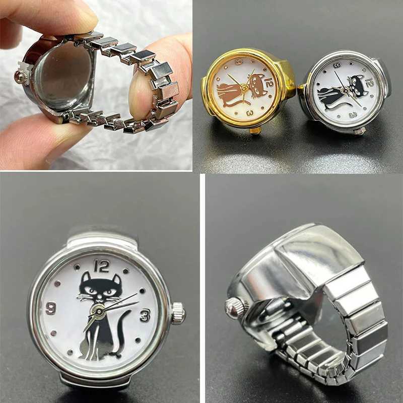 WLP Punk Fashion Cat Dial Clock Quartz Watch Finger Rings Women Men Couple Vintage Simple Elastic Strap Alloy Watch Ring Jewelry W250606