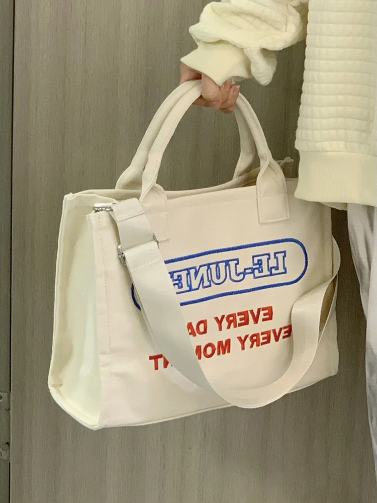 designer Student Class Bag for Women, Large Capacity Canvas Bag, College Style Versatile Letter Embroidery Shoulder Crossbody Tote Bag Trendy