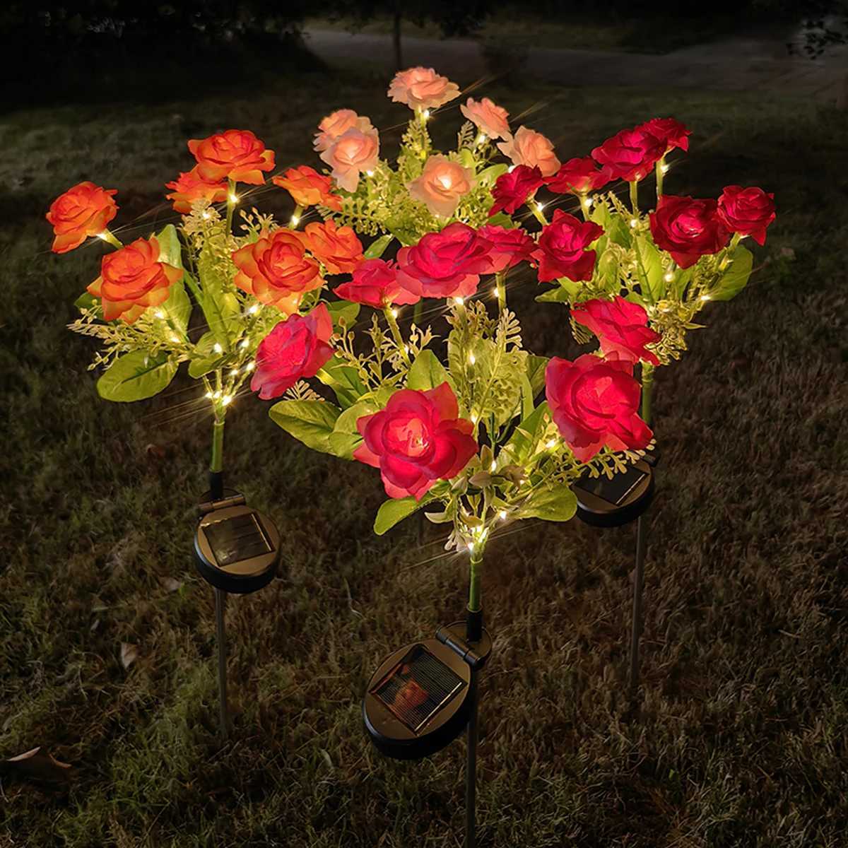 Rose Flower Lawn Lamp 7 Heads Outdoor Trendy Fashion Ambience Solar LED Warm Light For Yard Patio Garden Holiday Party Lantern XJ250606