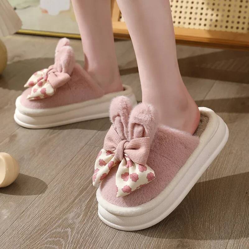 Ddmyoutdoor Women Winter Warm Bows Slippers Female Indoor Fluffy Cotton Shoes New Couple Plush Comfort Soft Sole House Slides Beach outdoor shoes