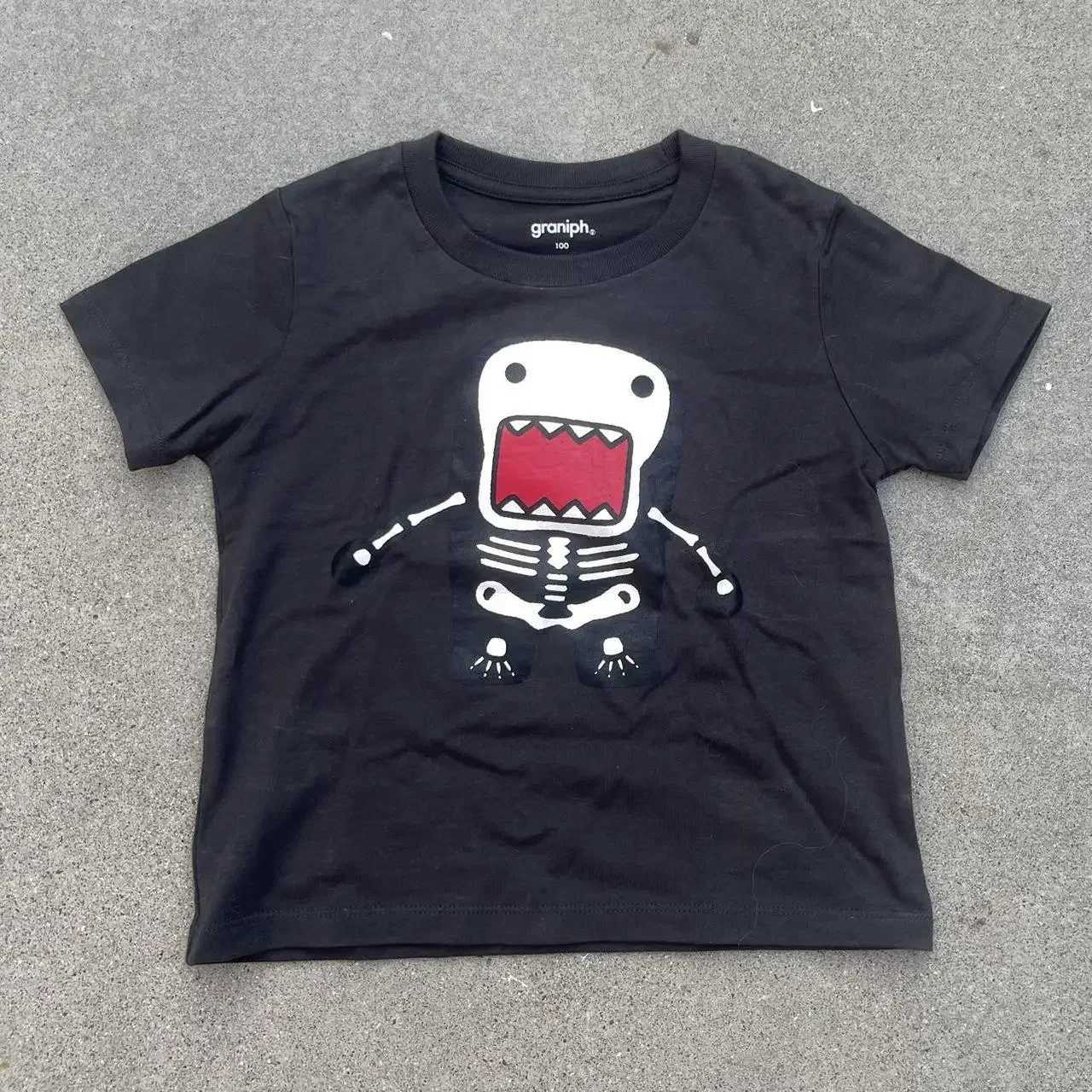 American Style Primary Color Y2K Black Stripes Cartoon Monster Creative Printed Cotton T-shirt Men Loose Sports Couple Clothing W250607