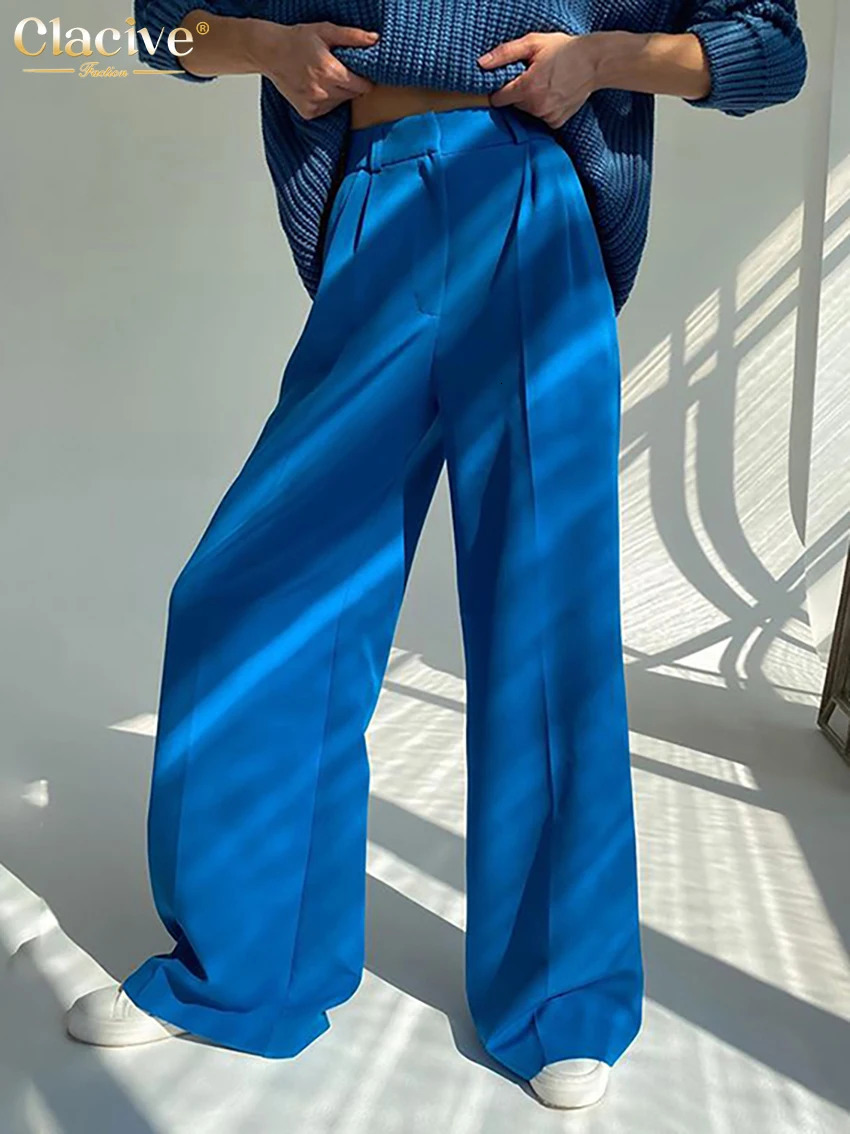 Clacive Blue Office WomenS Pants Fashion Loose Full Length Ladies Trousers Casual High Waist Wide Pants For Women 250605
