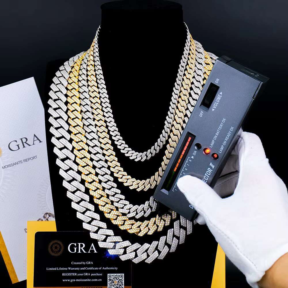 2 Rows Moissanite 10mm Width Cuban Necklace Hip Hop 18k White/Yellow Gold Plated Full Iced Out Miami Cuban Link Chain
