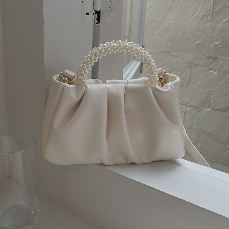 designer Leather Crossbody Small Bag 2025 New High-end Pearl Wood Handle Pleated Cloud Bag Single Shoulder Handbag for Women