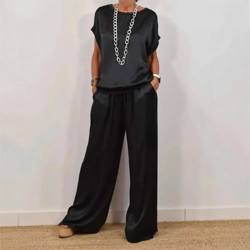 2025 Summer Elegant Womens Fashion Short-sleevedlong Trousers Sleeve Round Neck Loose Shirt Wide Leg Pants Casual 2-piece Set 250605