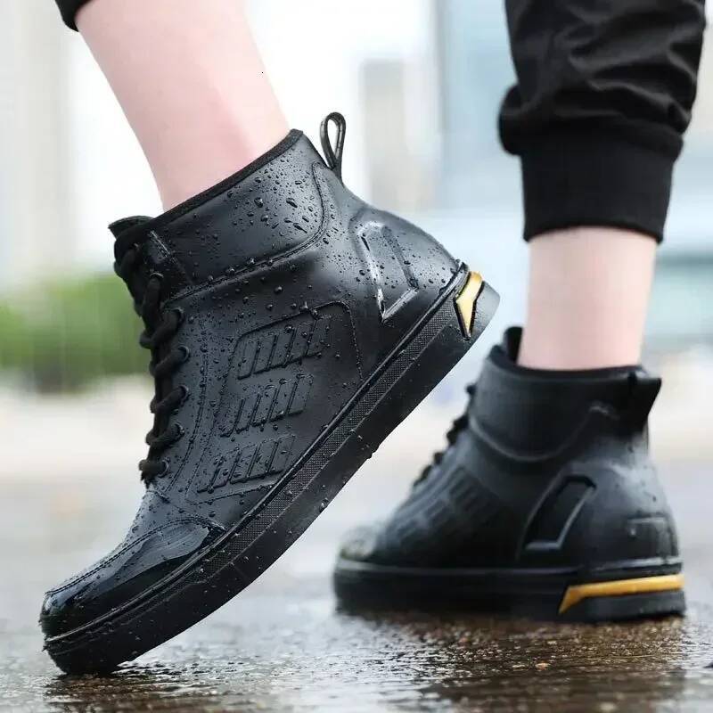 Ddmyoutdoor Waterproof Shoes Black High Top Ankle Casual Flat Rainboots For Men Fashion Rubber Rain Boots Size Outdoor Shoes