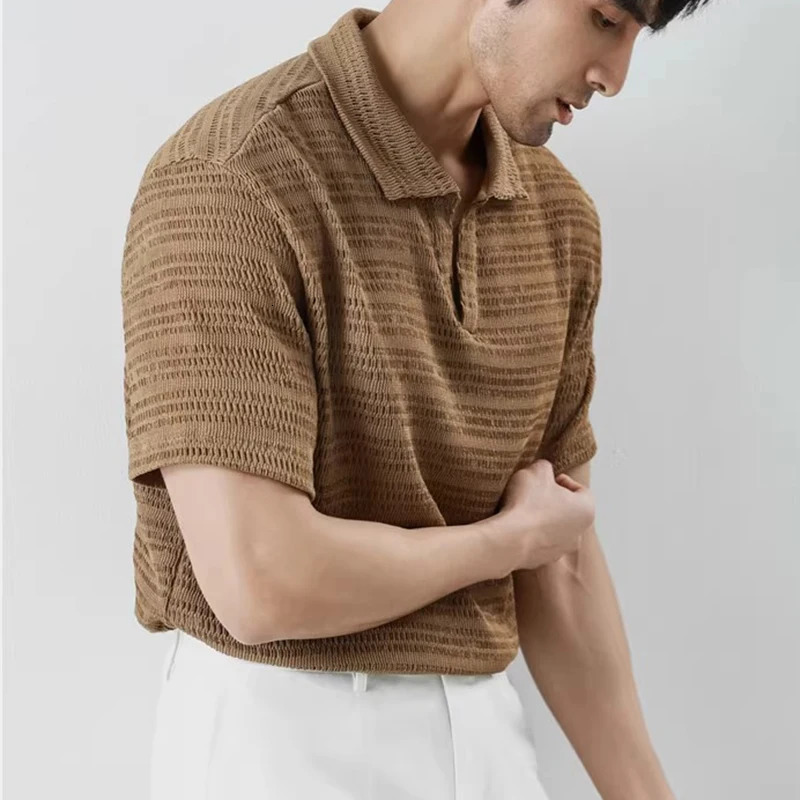 Stylish Mens Short Sleeve Polo Shirts Knit Hollow Out Breathable Polo Neck Tops Men Summer Casual Solid Color Knitted Polos 250605