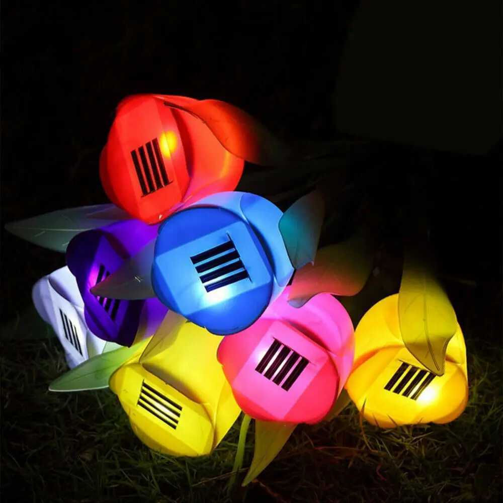 Solar Light Outdoor Solar Powered LED Tulip Flower Lights Garden Yard Path Way Color Lamp Lawn Christmas Holiday Decoration W250607