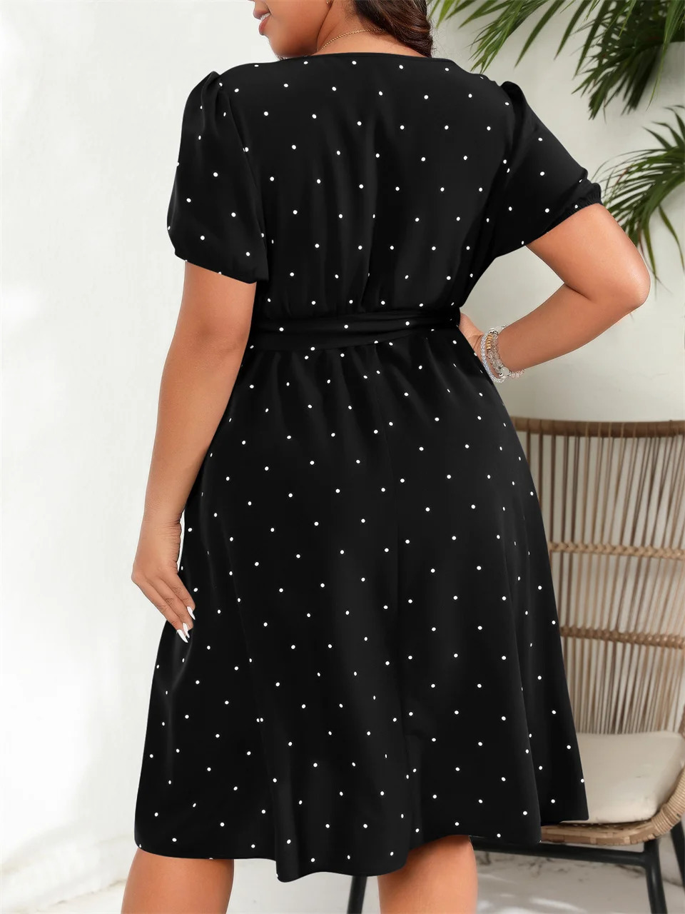 GIBSIE Plus Size Square Neck Polka Dot Belted Dress Elegant Retro Puff Sleeve High Waist Summer Aline Big Swing Dresses 250526