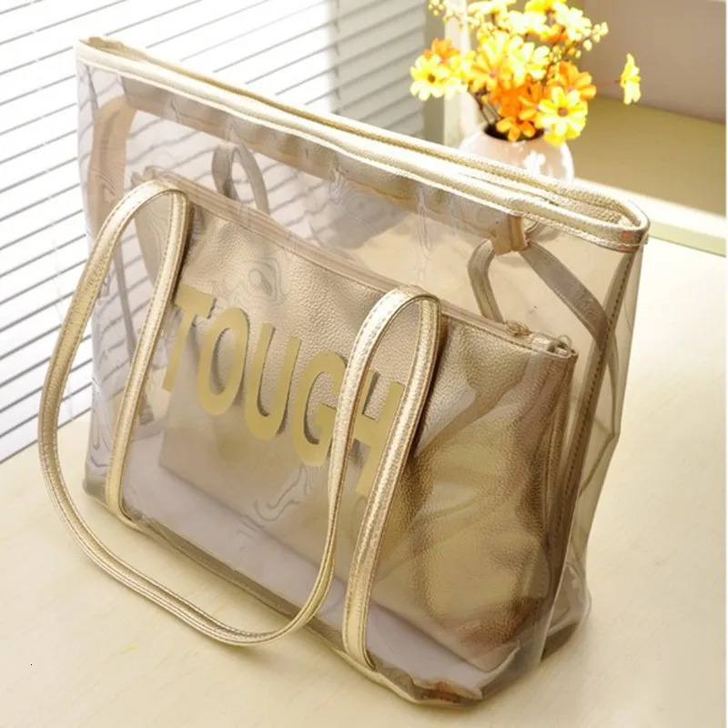 Fashion Waterproof Half Transparent Hand Bag PVC Summer Beach and Polyester with Small Storage Bag 250605