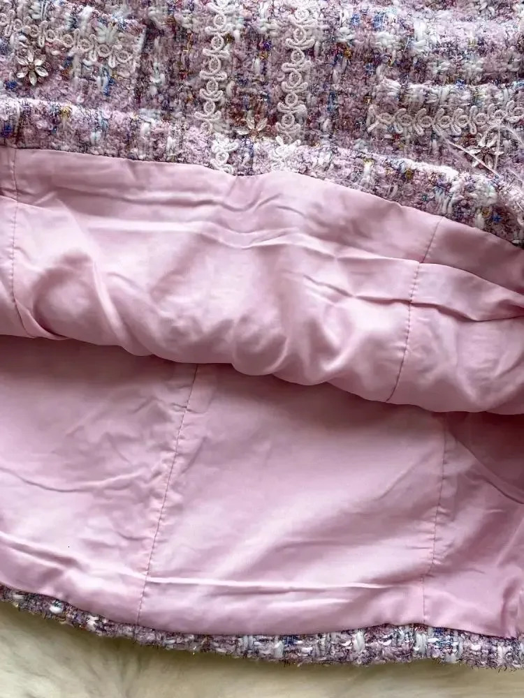 Small Fragrant Long Sleeve Feathers Splice Plaid Lavender Tweed Dresses Women V Neck Zipper Woolen Pocket Party Mini Vestidos 250603