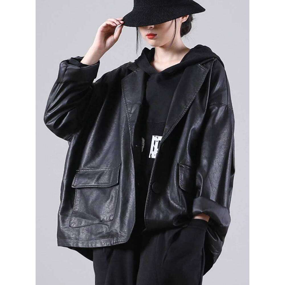 Amax luluE 2025 Autumn England Designer Womens Black Faux Leather Jackets Loose Casual Biker Coat Females Haruku Pu Streetwear
