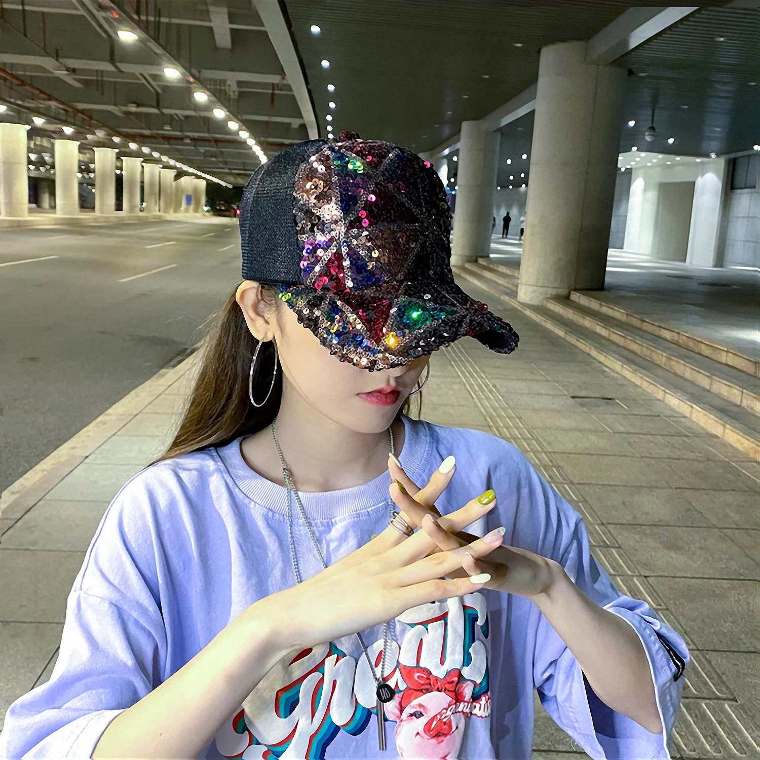 Summer Shiny Sequin Back Mesh Adjustable Cotton Baseball Cap Sun Hat 250605