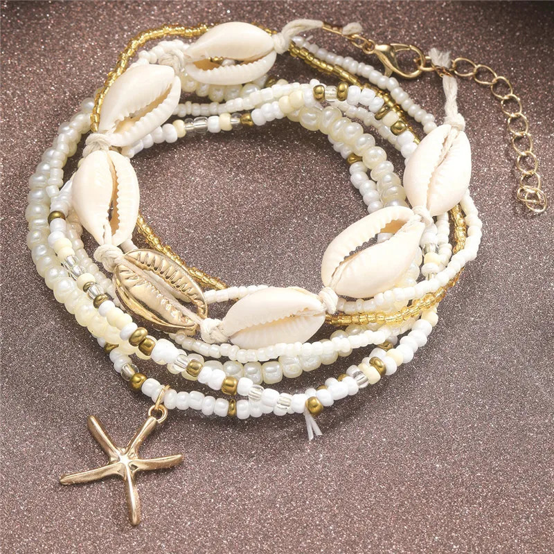 Starfish Beads Pearl Chain Anklet Set for Women Charm Ankle Bracelet on the Leg Handmade Jewelry Gifts Summer Beach Fashi 250528