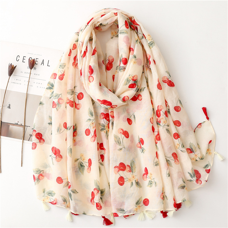 K949 2024 new spring and summer small fresh sweet style cartoon cherry cotton and linen scarf Bali yarn thin silk scarf shawl female