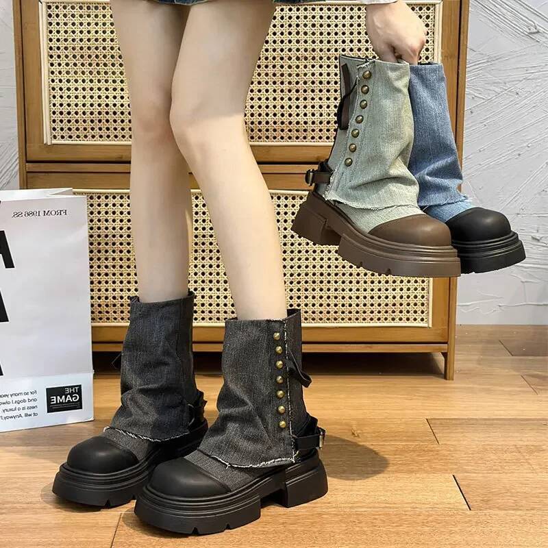 Ddmyoutdoor Women British Fashion Pants Leg New Thick Soled Rivet Zipper Belt Buckle Platform Anti Slip Cowboy Short Boots Outdoor Shoes