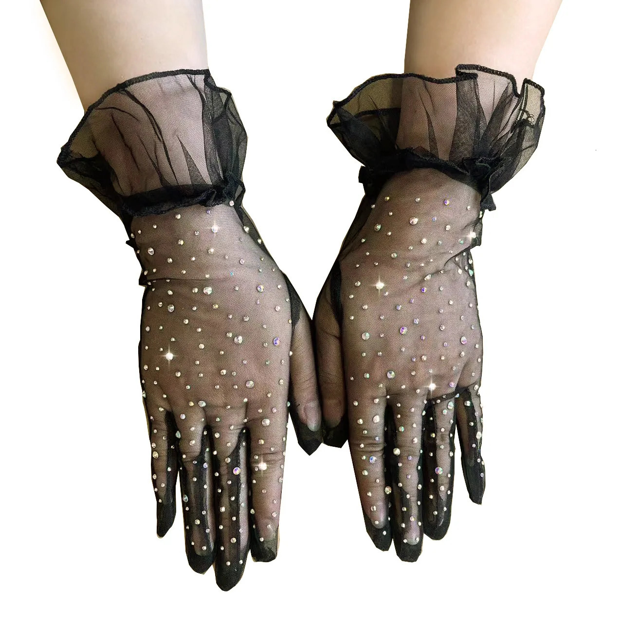 Women Sexy Transparent Shiny Pole Dancing High Stretch Gloves Stage Performance Cosplay Mesh Lolita Elegant Short Ruffle 250603