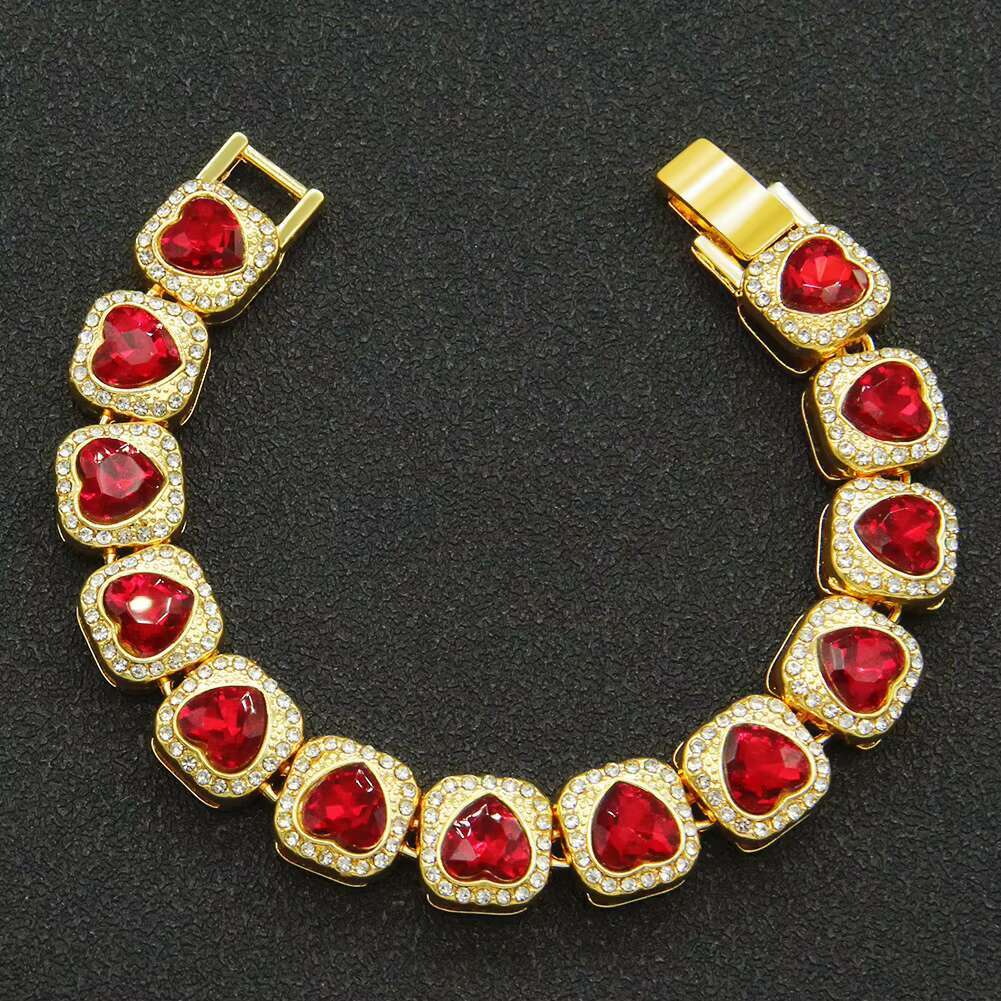 Personal Trendy Red Diamond Cuban Chain Necklace with Heart Fashion Tennis Bracelets Accessories