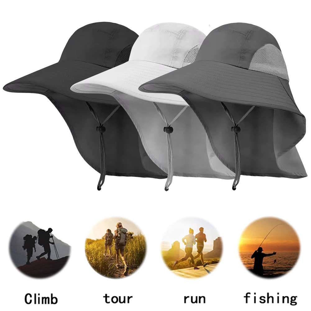 Summer 12CM Large Brim Sun Hat Men Women Breathable Fishing Caps Sun UV Protection Mesh Fisherman Hat Hiking Outdoor Beach Cap 250605